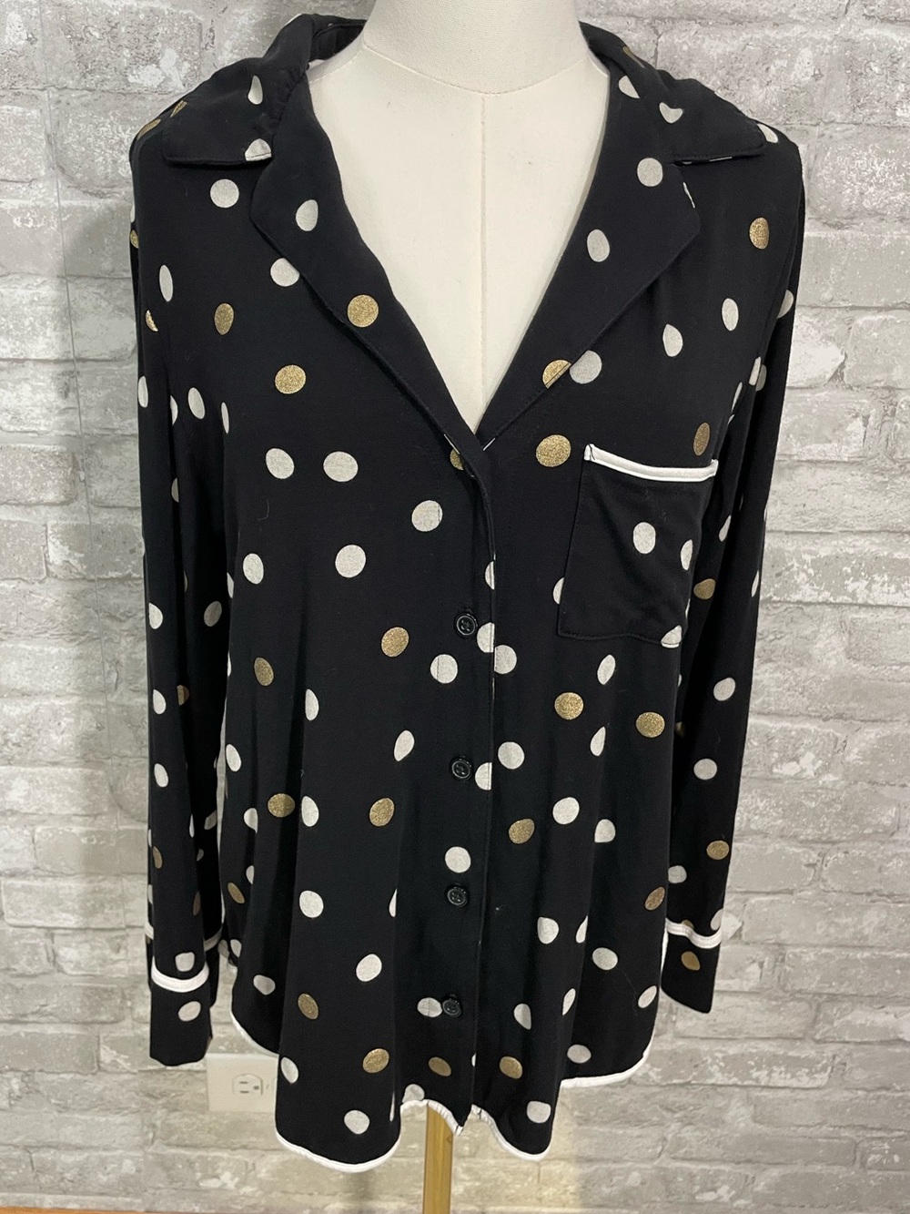 Soma Black Button-Front Pajama Top with White and Gold Polka Dots
